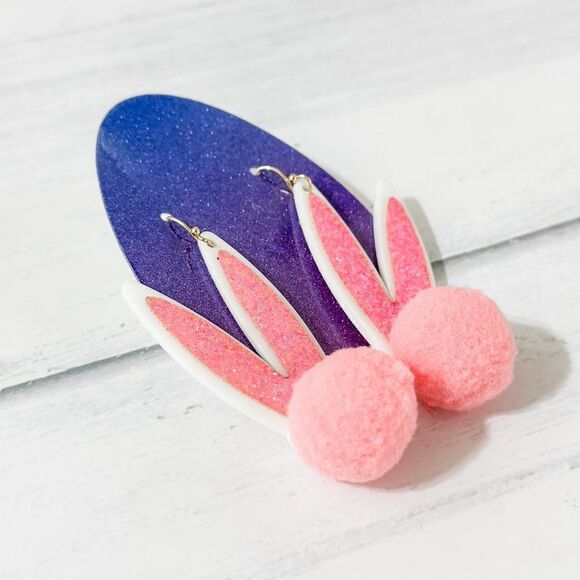 Pink Glitter Pom Pom Bunny Ear Earrings - Picture 2 of 11